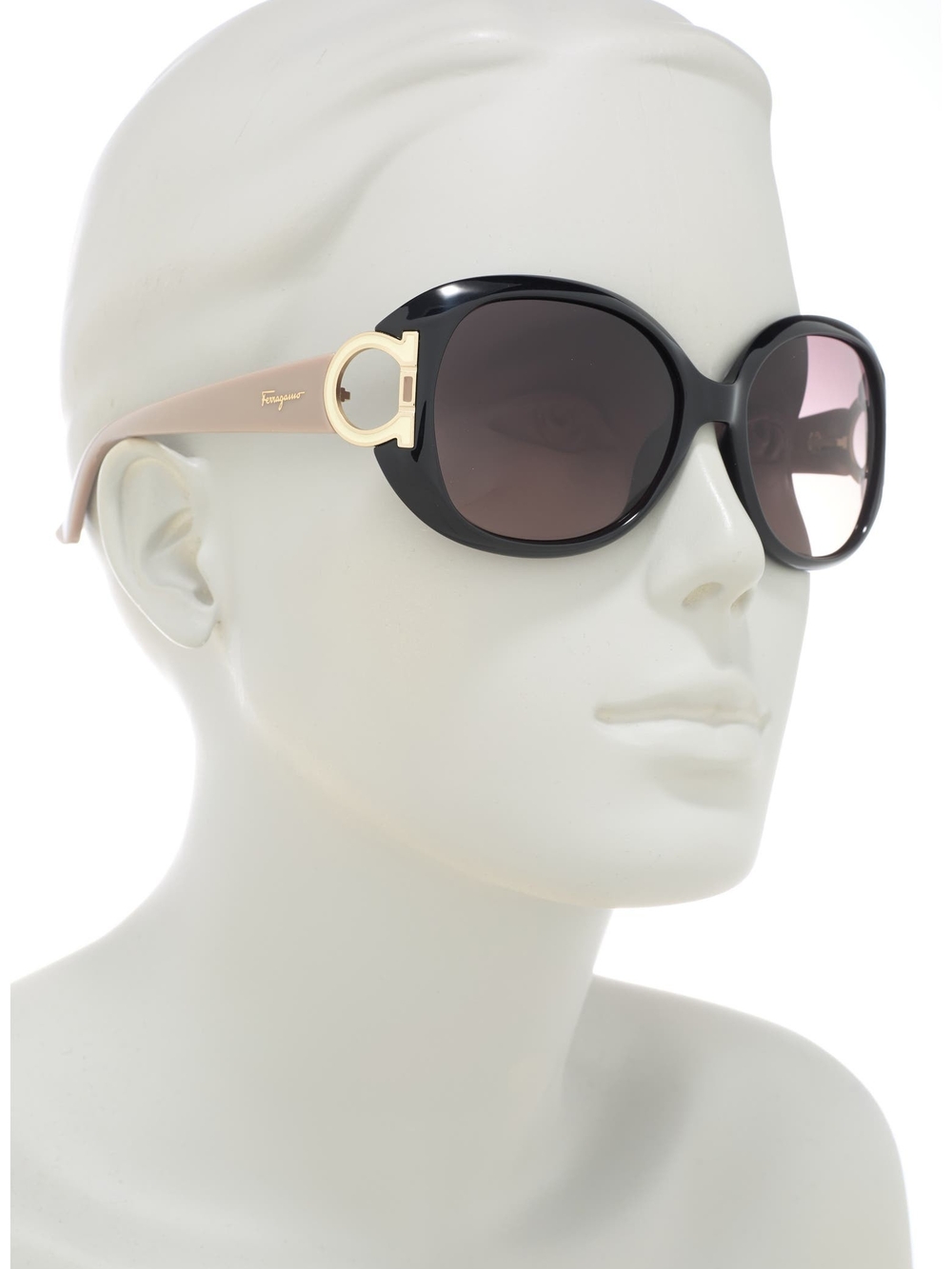 Salvatore Ferragamo Black and Taupe Oval Logo Sunglasses